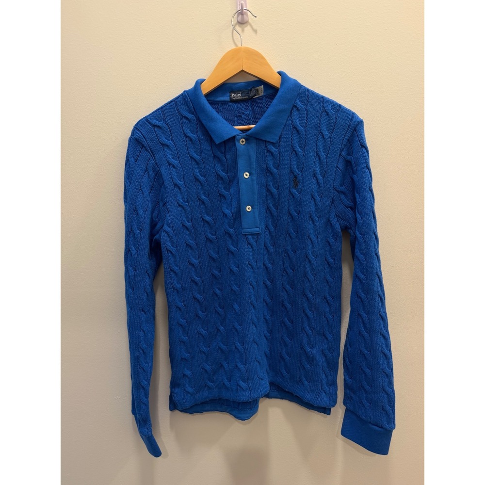 Polo Ralph Lauren Cable Knit Sweater Men L Blue Polo Collar Pony Pullover